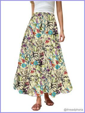 Womens Chiffon Floral A Line Maxi Skirt High Waist Flowy Boho Long Skirt